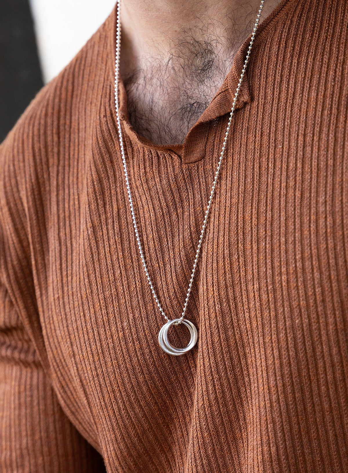 Sterling Silver Double Rings Ball Chain Necklace for Men