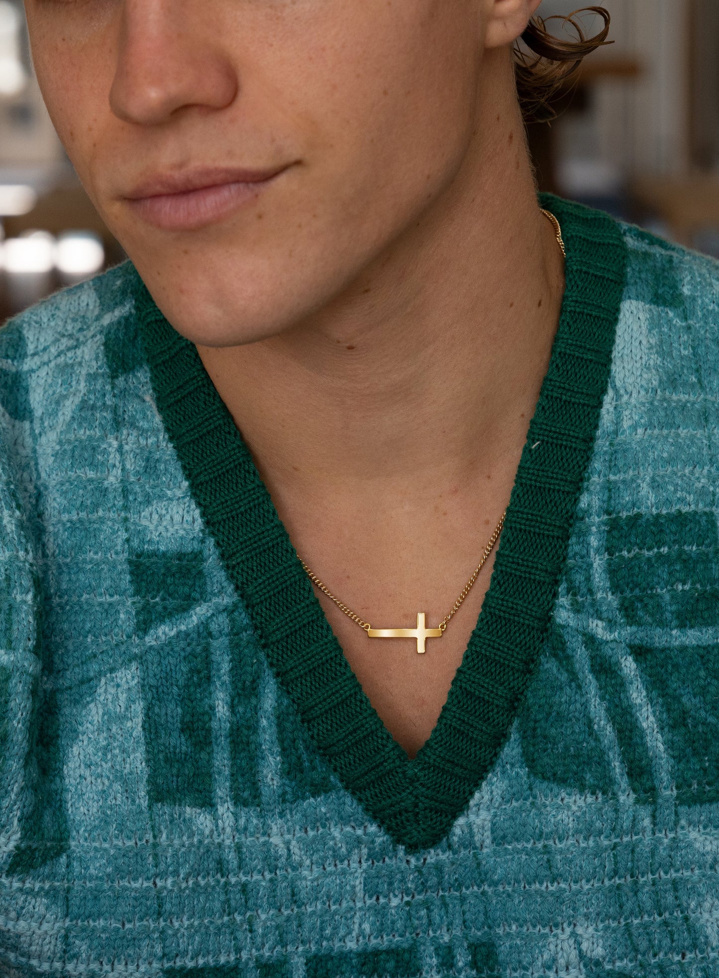 Vermeil Gold Sideways Cross on 14k Gold Filled Curb Chain