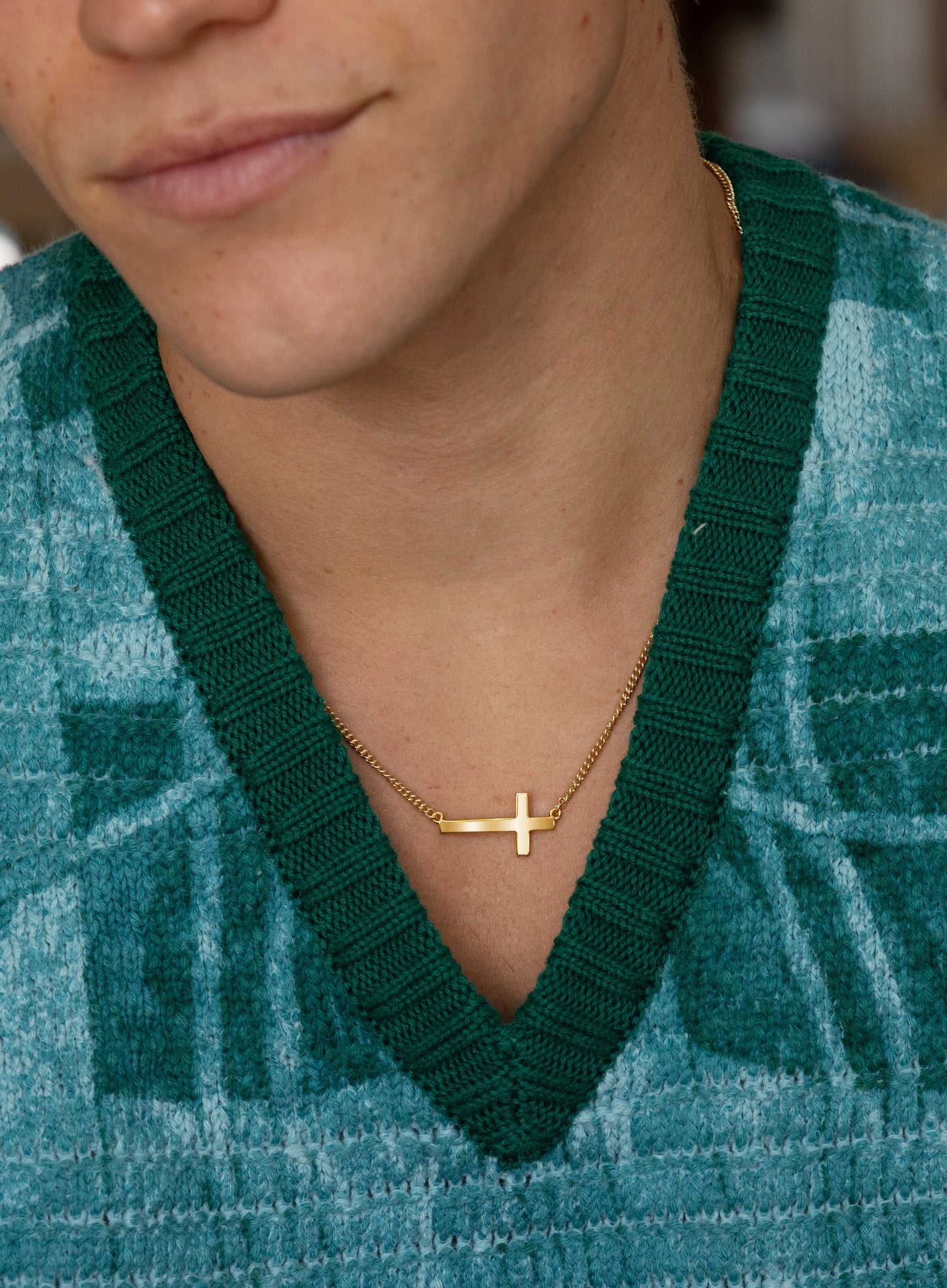 Vermeil Gold Sideways Cross on 14k Gold Filled Curb Chain