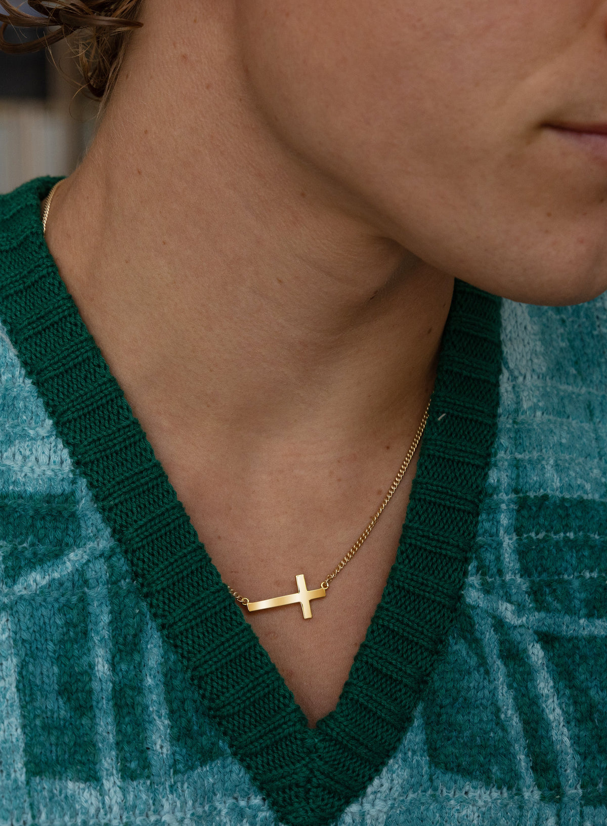 Vermeil Gold Sideways Cross on 14k Gold Filled Curb Chain