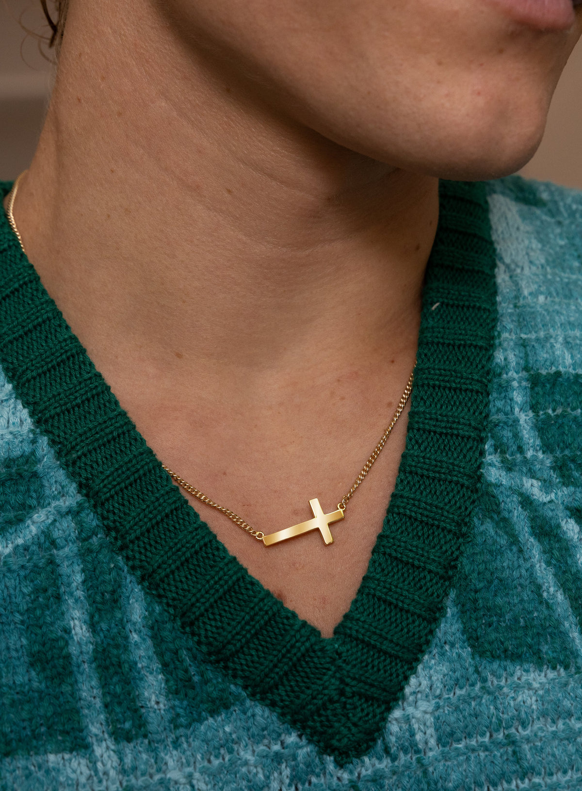 Vermeil Gold Sideways Cross on 14k Gold Filled Curb Chain