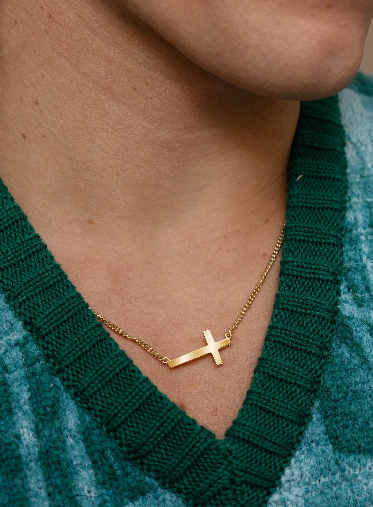 Vermeil Gold Sideways Cross on 14k Gold Filled Curb Chain