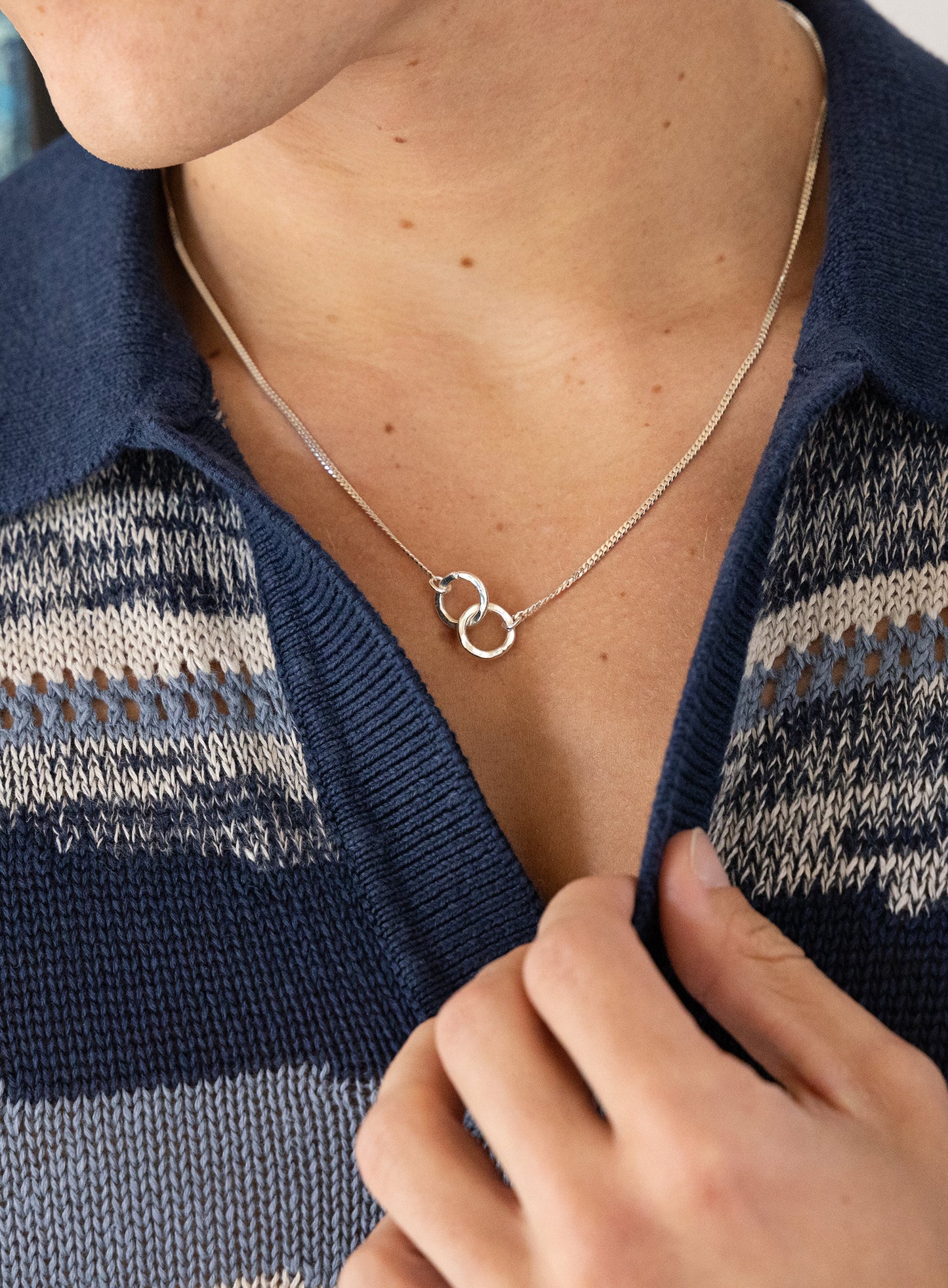 Sterling Silver Double Interlaced Rings Necklace for Men