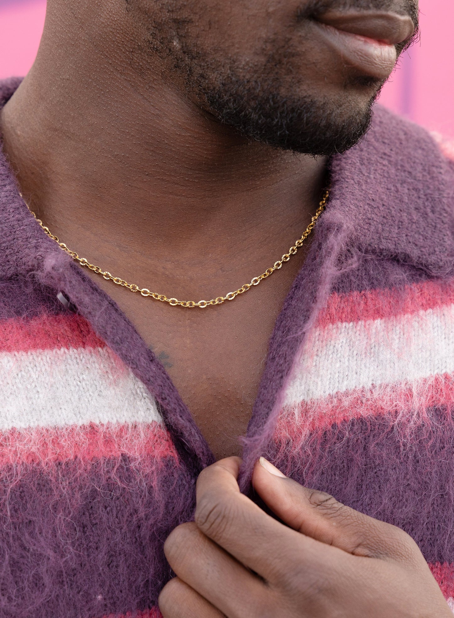 Stainless Steel Gold Plated 3mm Textured Cable Chain Necklace for Men