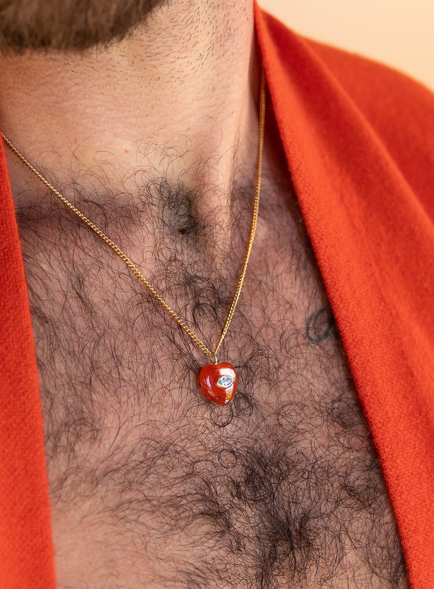 Red Carnelian and Blue Topaz Heart Pendant on 14k Gold Filled Curb Chain