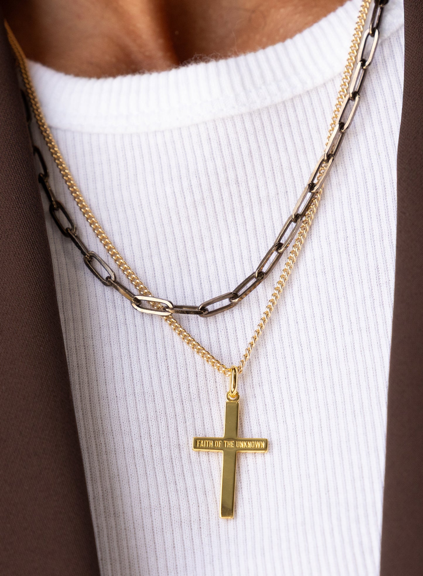 FAITH OF THE UNKNOWN Vermeil Gold Cross on 14k Gold Filled Curb Chain