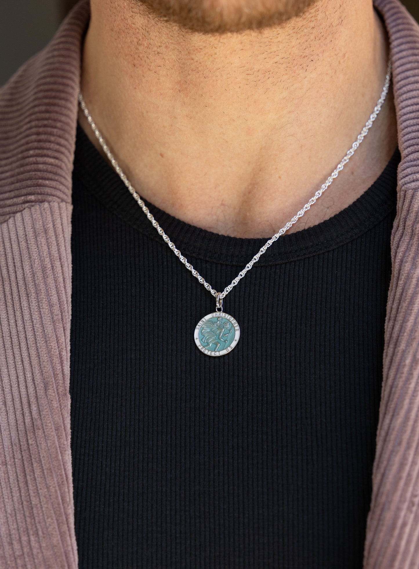 925 Sterling Silver Light Blue Enamel Saint Christopher Pendant Necklace