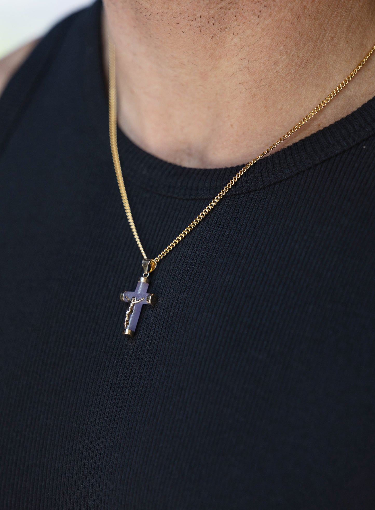 14k Gold Purple Quartz Cross on 14k Gold Filled Curb Chain