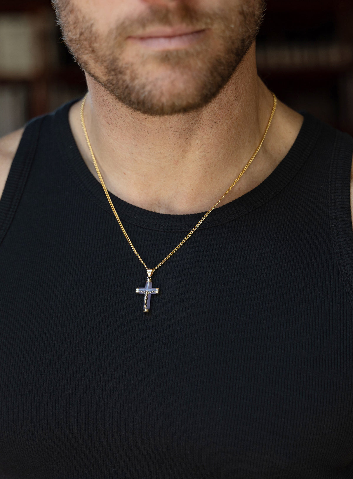 14k Gold Purple Quartz Cross on 14k Gold Filled Curb Chain