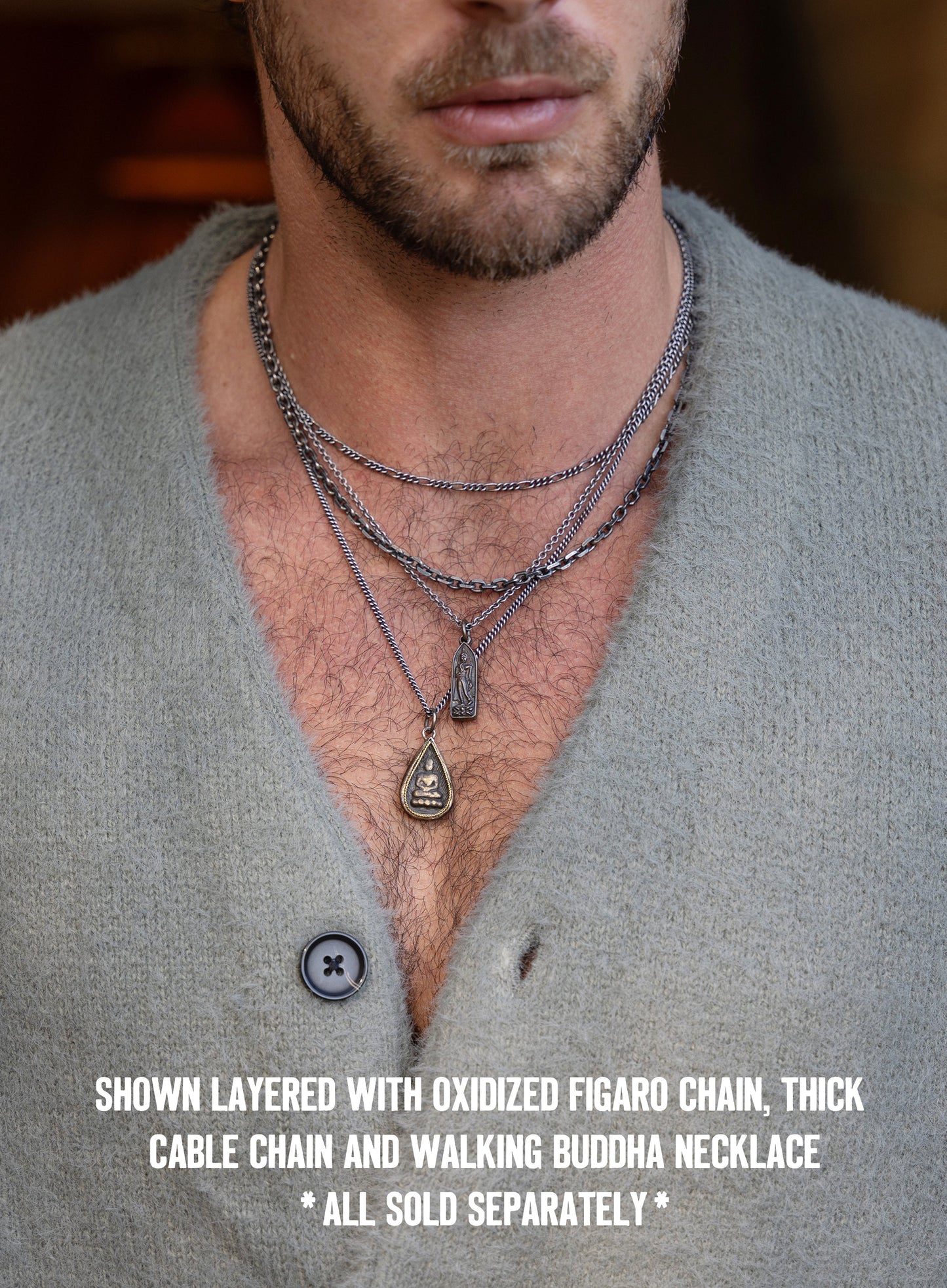 Oxidized Silver Drop Buddha Pendant Curb Chain Necklace for Men