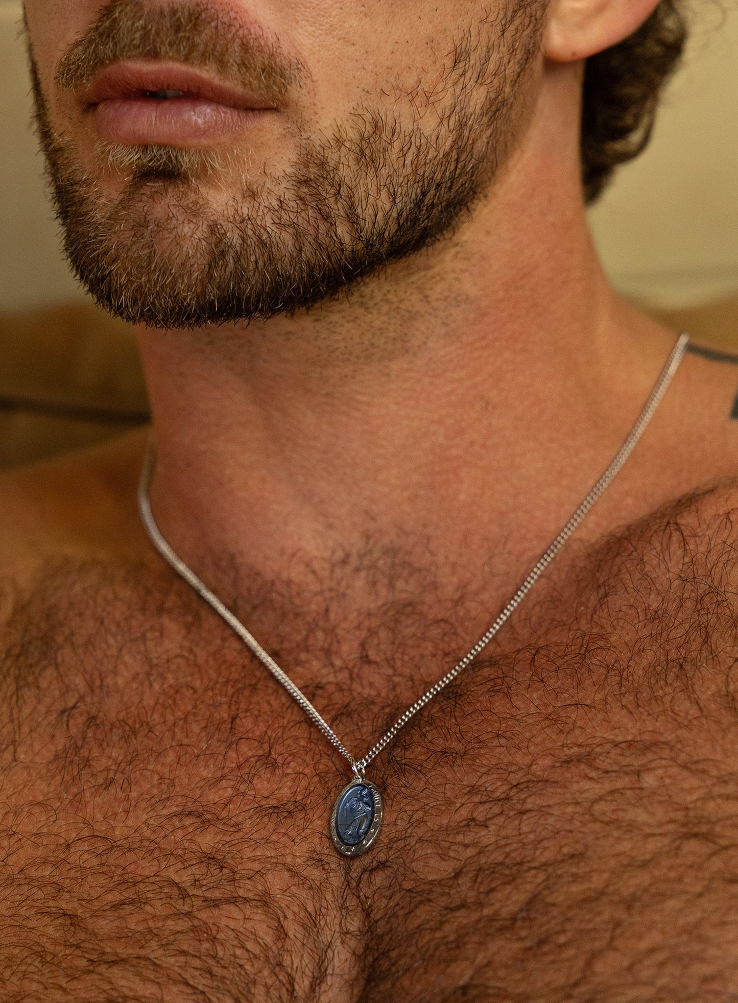 Saint Christopher Pendant with Blue Enamel on Sterling Silver Rhodium Chain