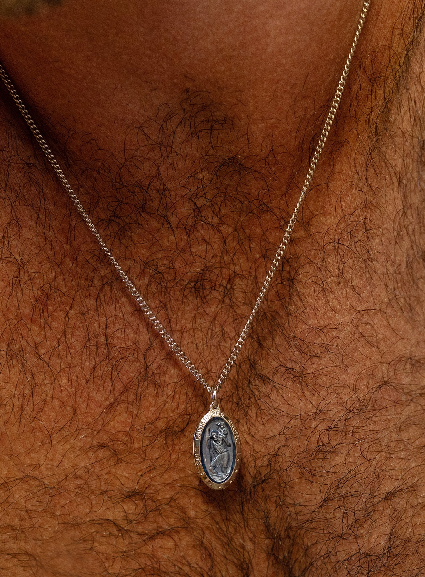 Saint Christopher Pendant with Blue Enamel on Sterling Silver Rhodium Chain