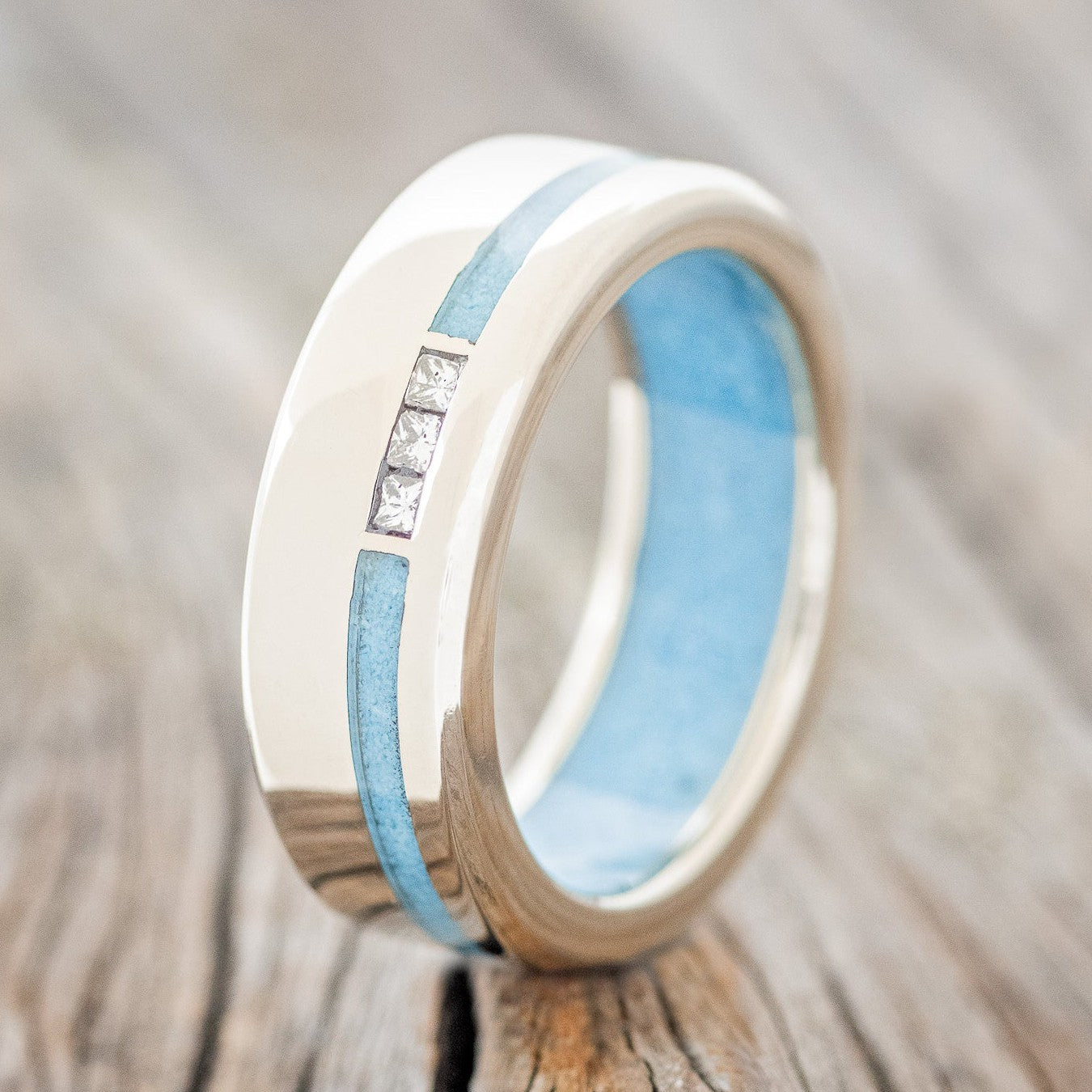 "Julian" - Diamond Accents & Turquoise Wedding Band - 14K White Gold (8mm) - Size 9 3/4