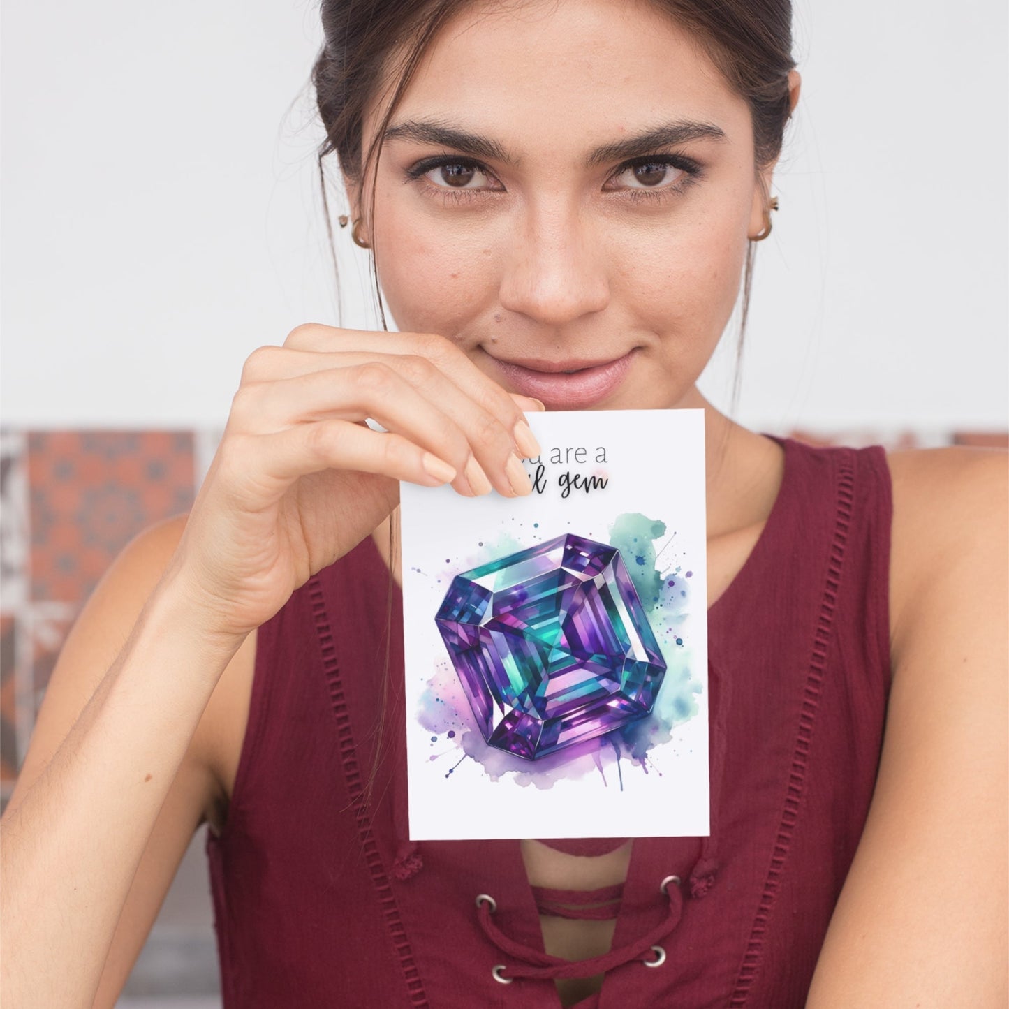You are a real Gem | Watercolor Asscher Alexandrite Greeting Card