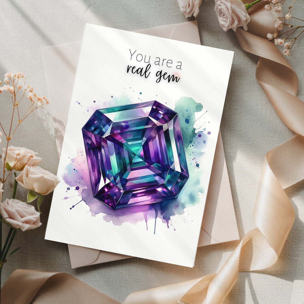 You are a real Gem | Watercolor Asscher Alexandrite Greeting Card