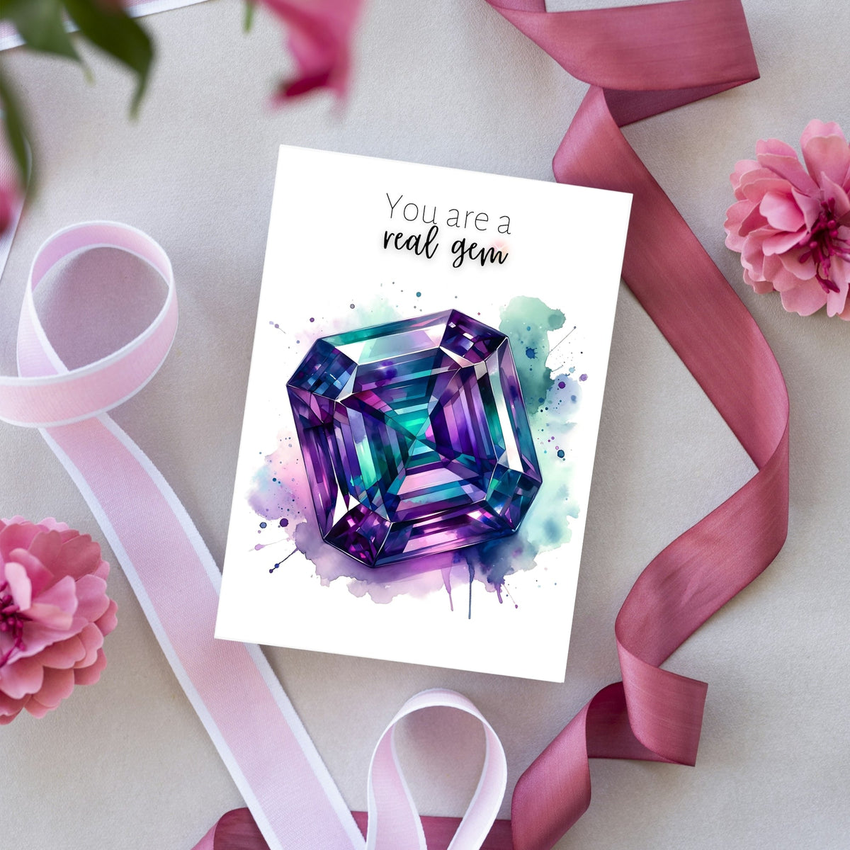 You are a real Gem | Watercolor Asscher Alexandrite Greeting Card