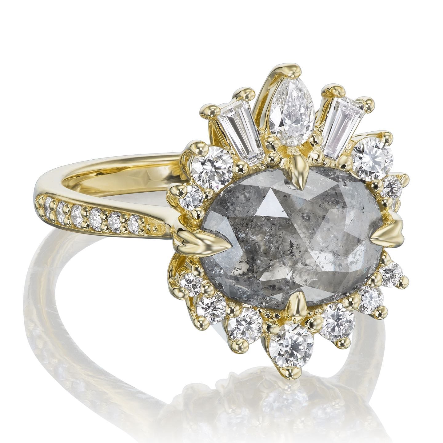 ・THEIA・Oval Rose Cut Salt + Pepper Diamond Center, Diamond Halo (2.52ctw)