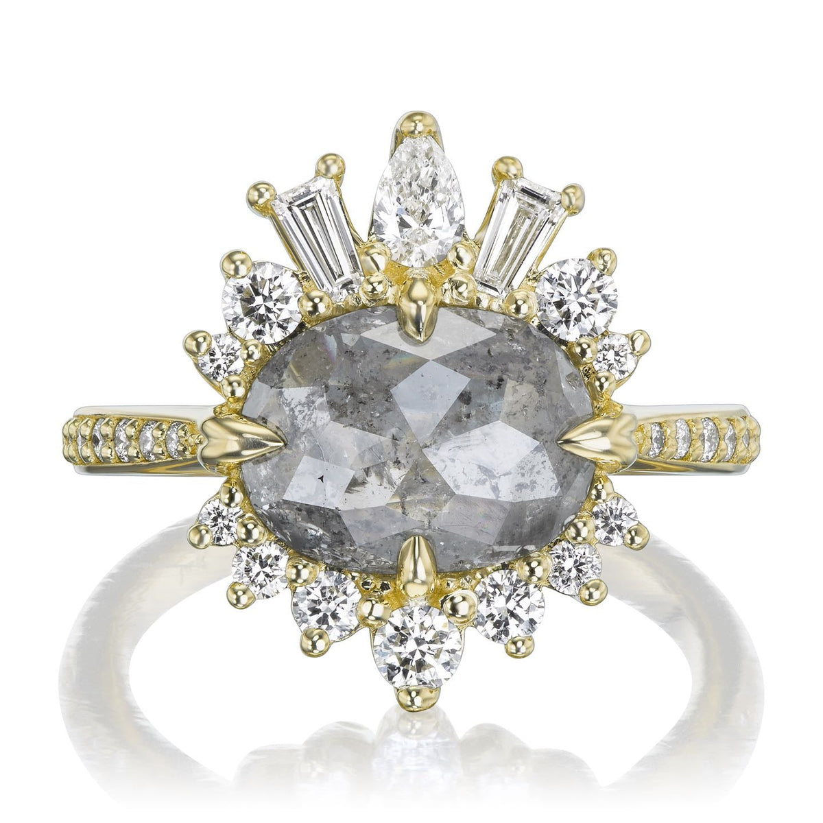 ・THEIA・Oval Rose Cut Salt + Pepper Diamond Center, Diamond Halo (2.52ctw)