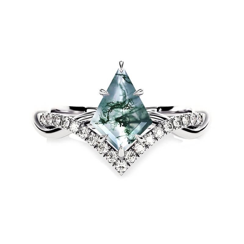 Kite Cut Moss Agate Chevron Twisted Pave Engagement Ring
