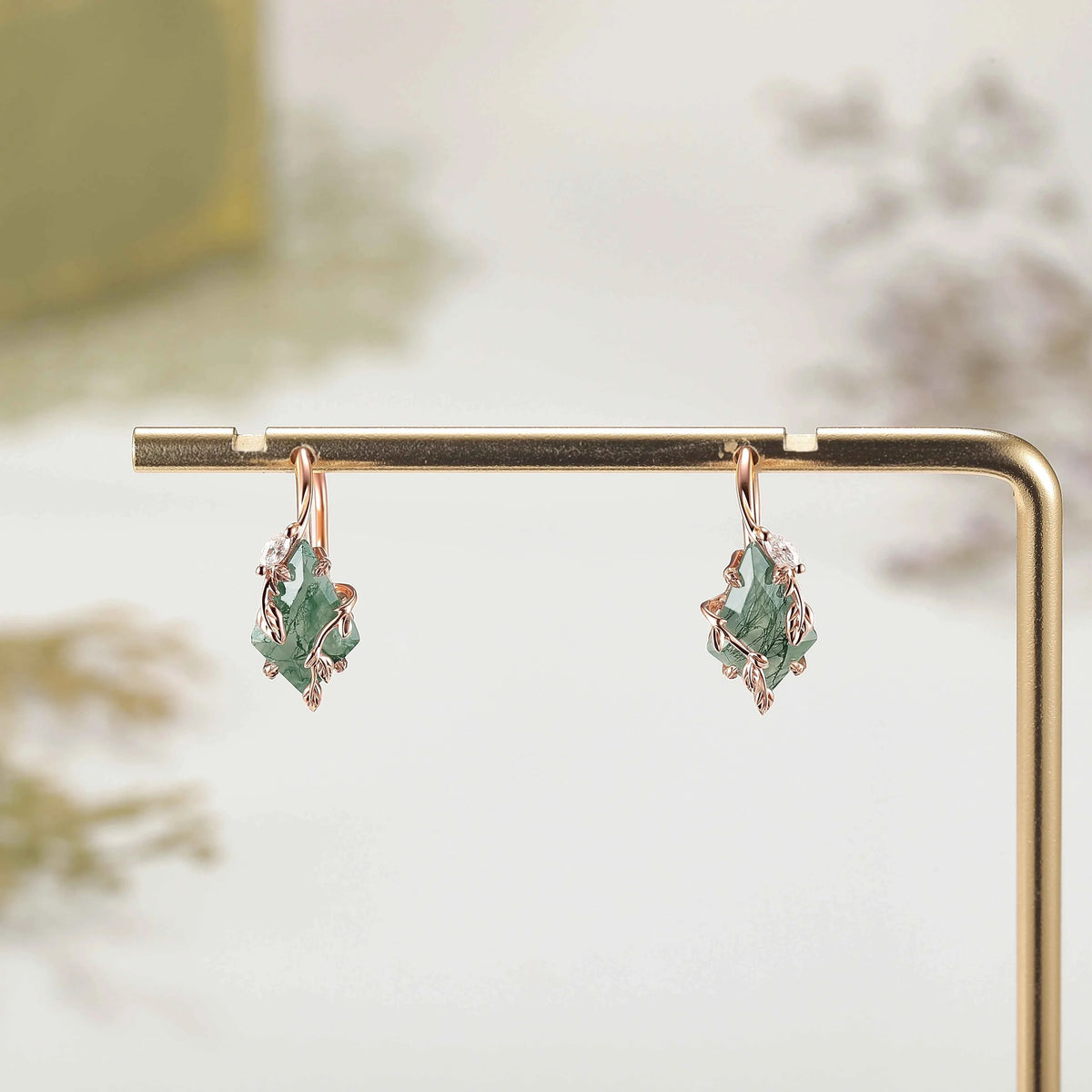 Kite Cut Moss Agate Leafy Earrings Anniversary Gift for Her