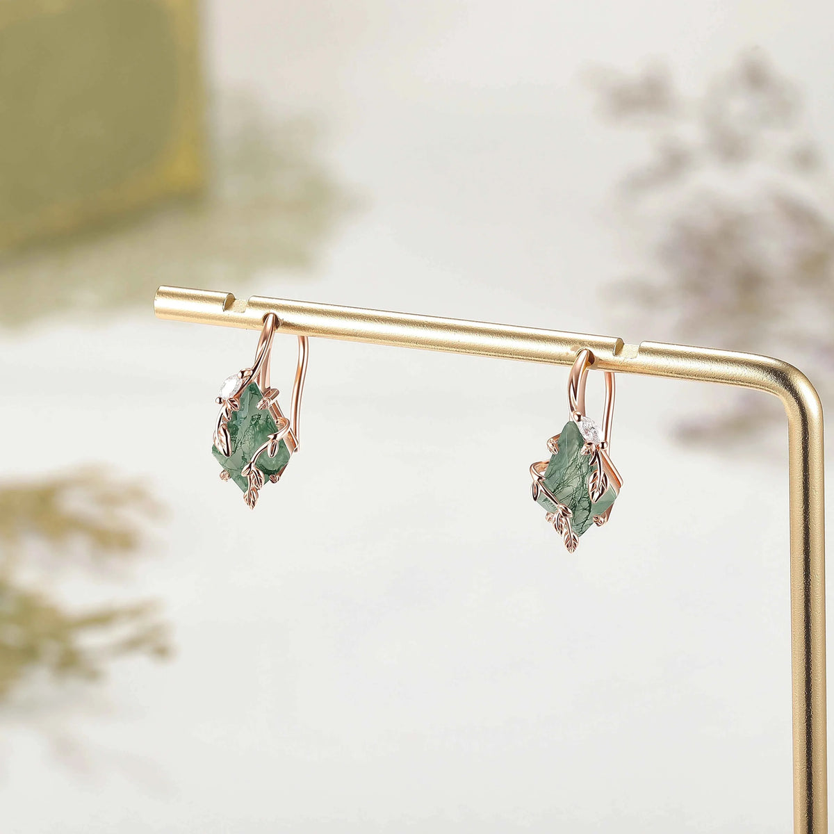 Kite Cut Moss Agate Leafy Earrings Anniversary Gift for Her
