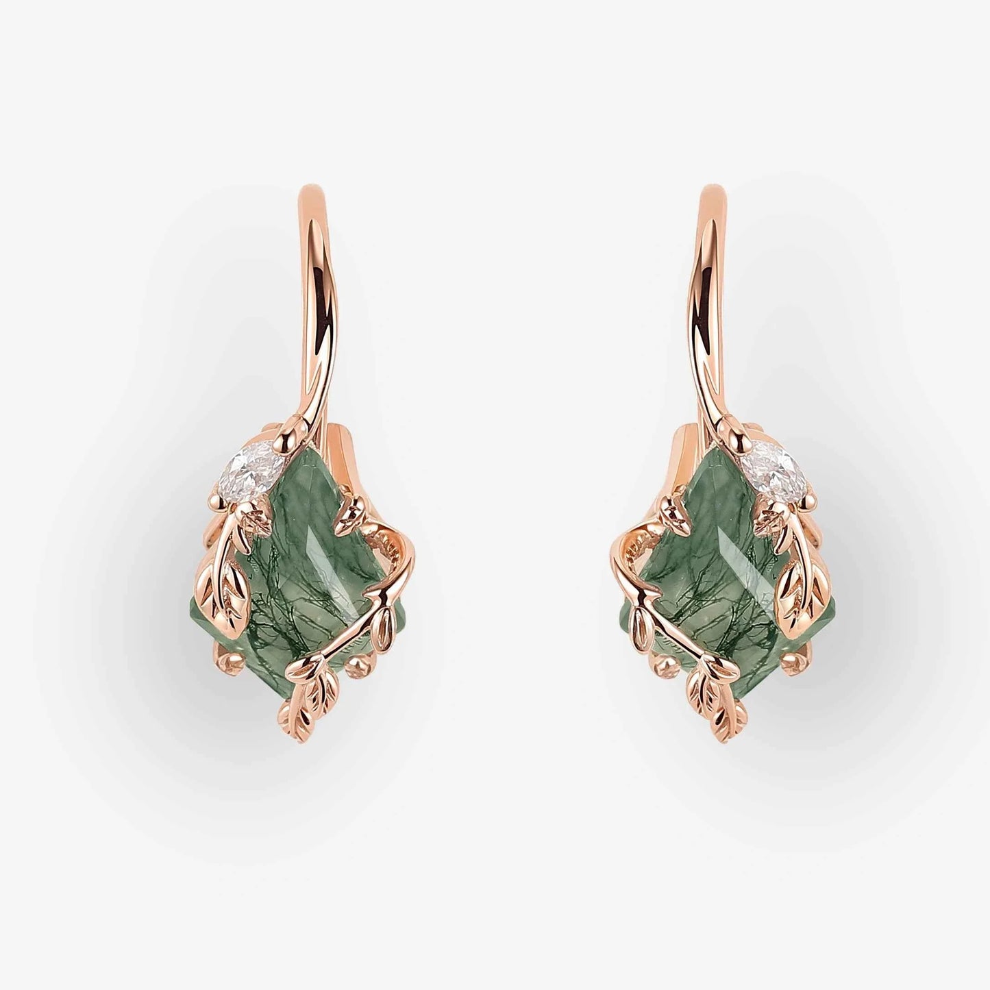 Kite Cut Moss Agate Leafy Earrings Anniversary Gift for Her