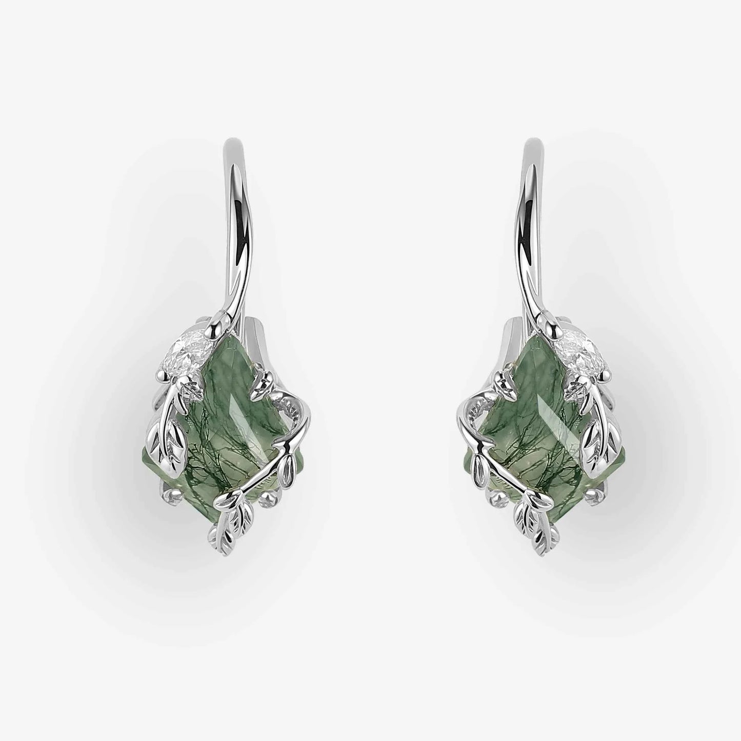 Kite Cut Moss Agate Leafy Earrings Anniversary Gift for Her