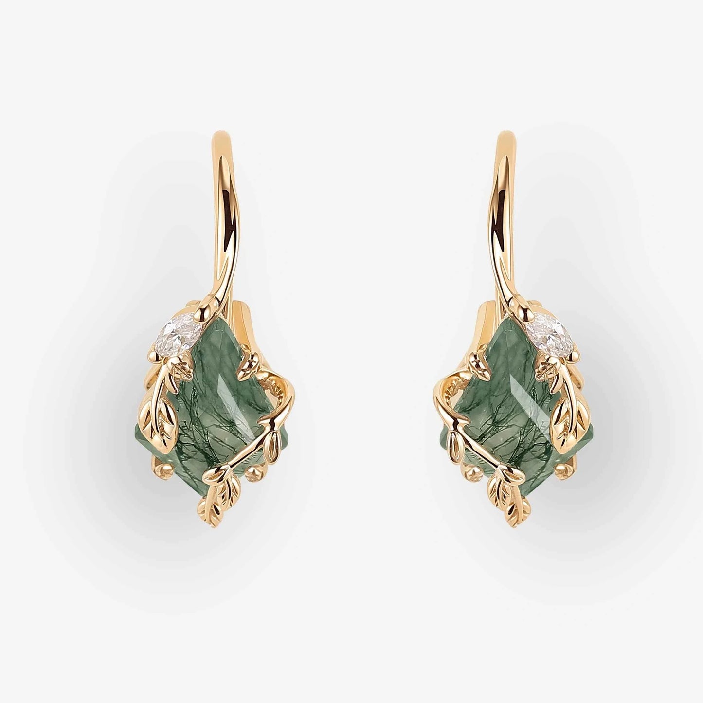 Kite Cut Moss Agate Leafy Earrings Anniversary Gift for Her