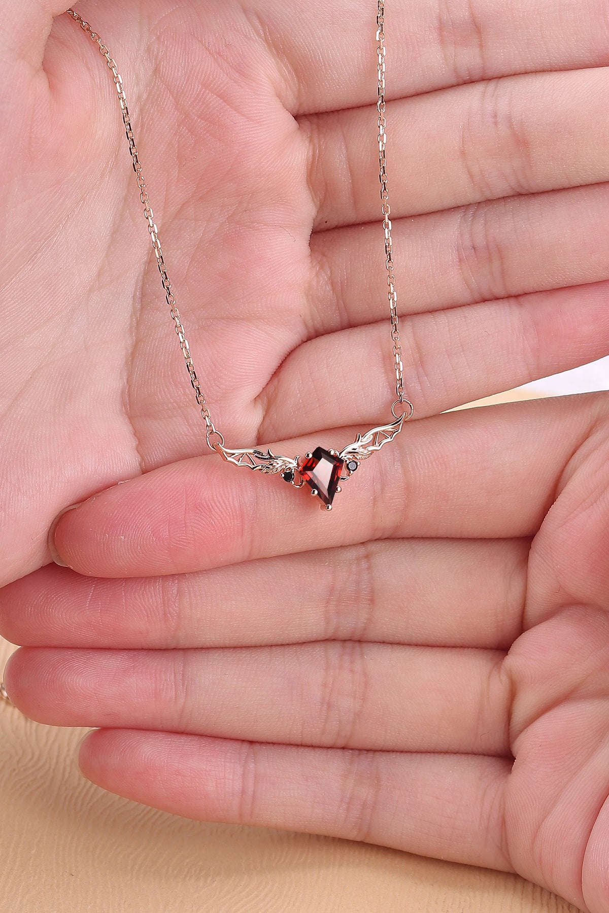 Kite Shaped Garnet Rose Gold Necklace Halloween Jewelry