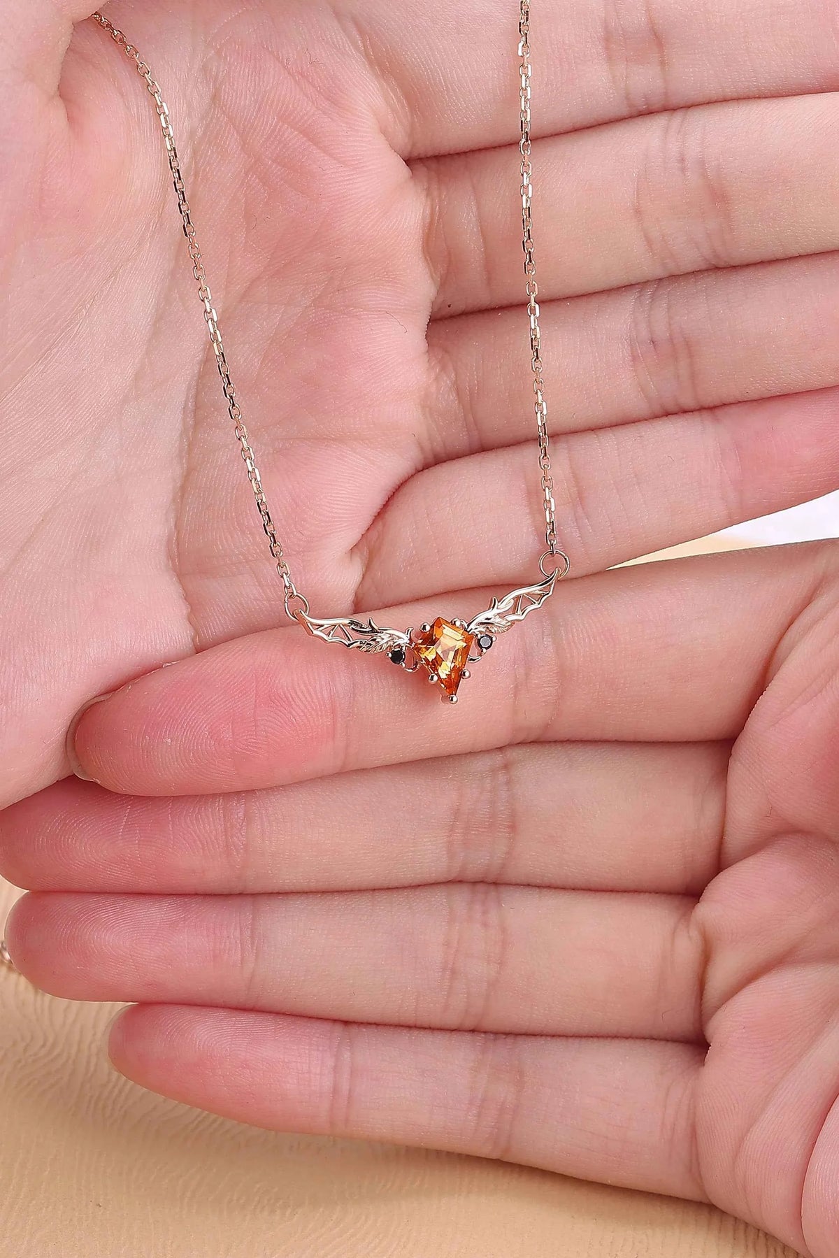 Kite Shaped Lab Orange Sapphire Rose Gold Necklace Halloween Jewelry