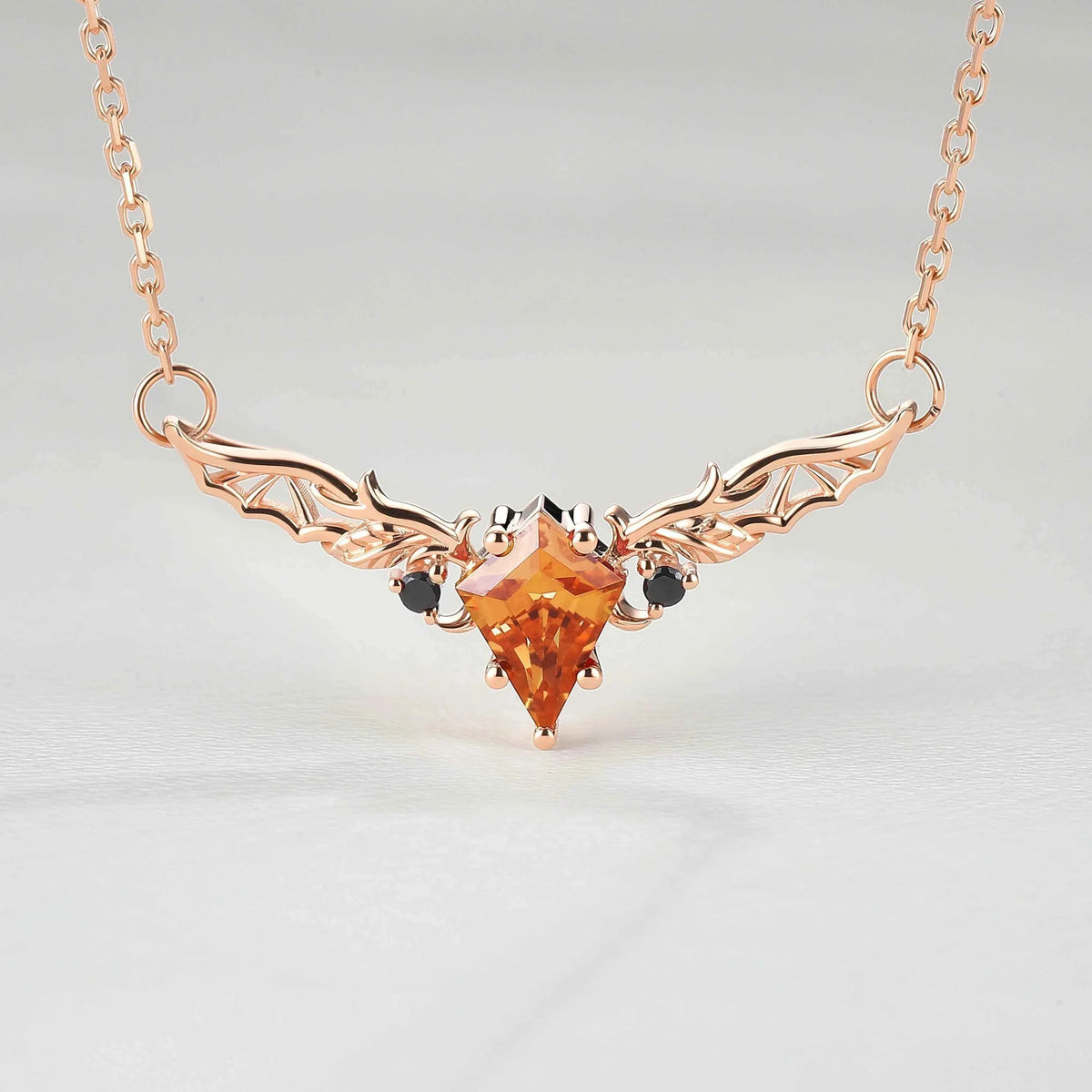 Kite Shaped Lab Orange Sapphire Rose Gold Necklace Halloween Jewelry