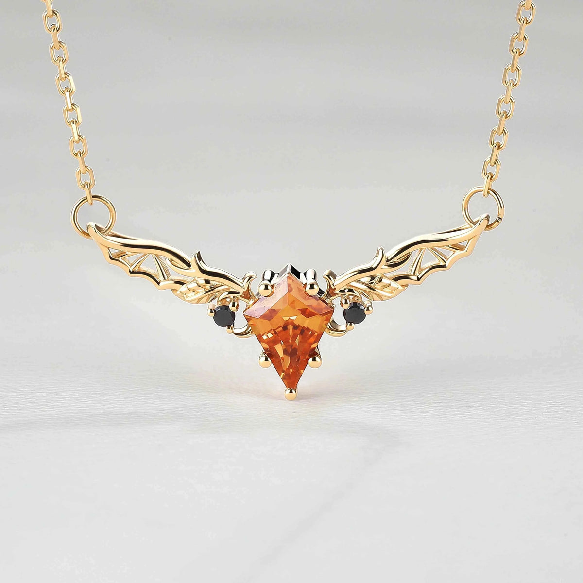 Kite Shaped Lab Orange Sapphire Rose Gold Necklace Halloween Jewelry