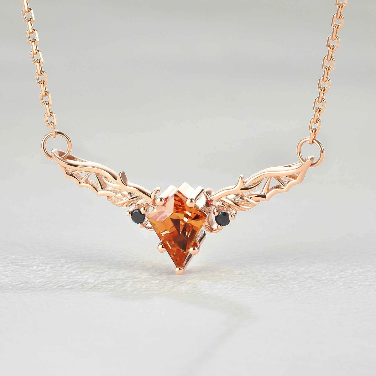 Kite Shaped Lab Orange Sapphire Rose Gold Necklace Halloween Jewelry
