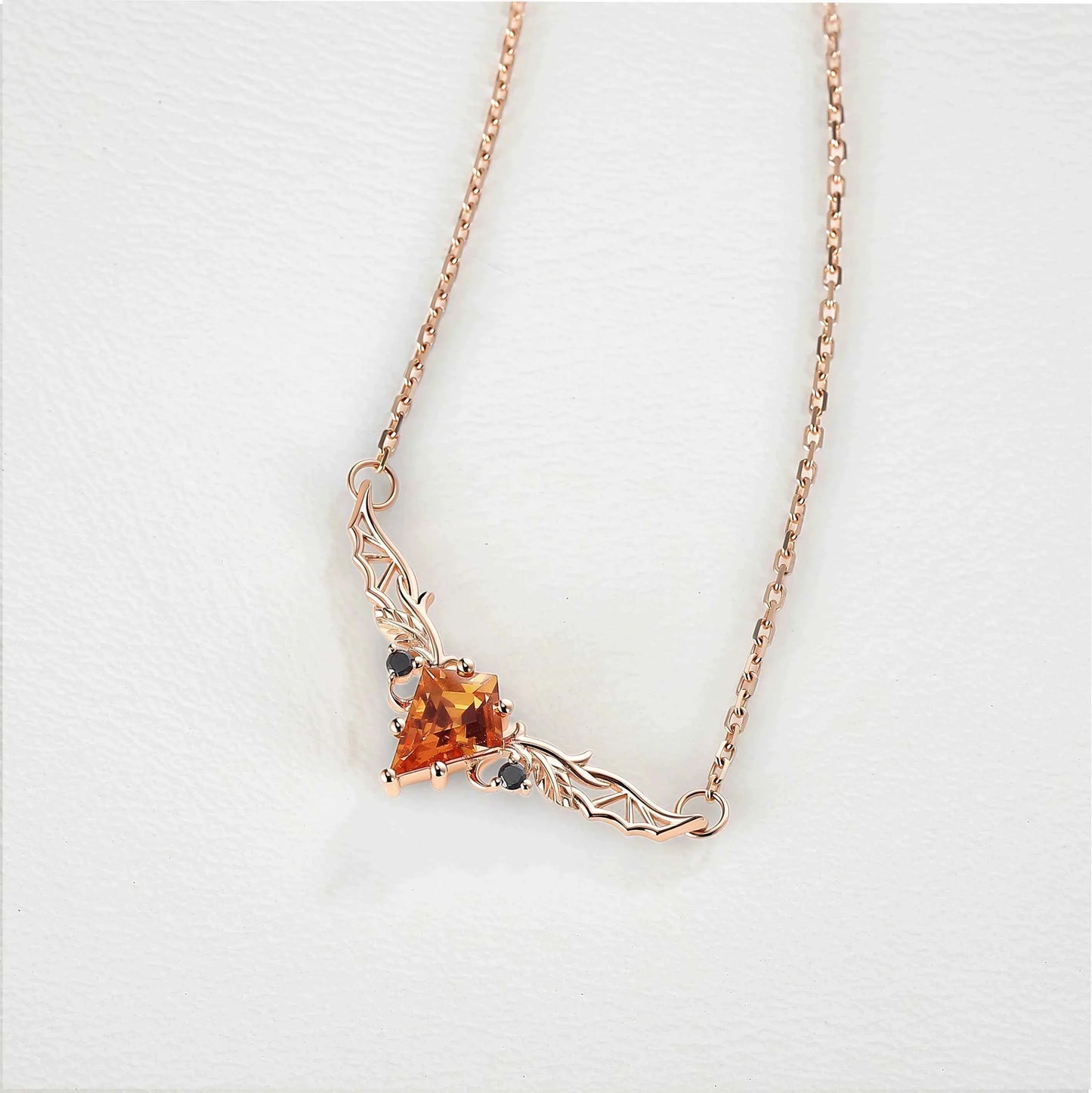 Kite Shaped Lab Orange Sapphire Rose Gold Necklace Halloween Jewelry