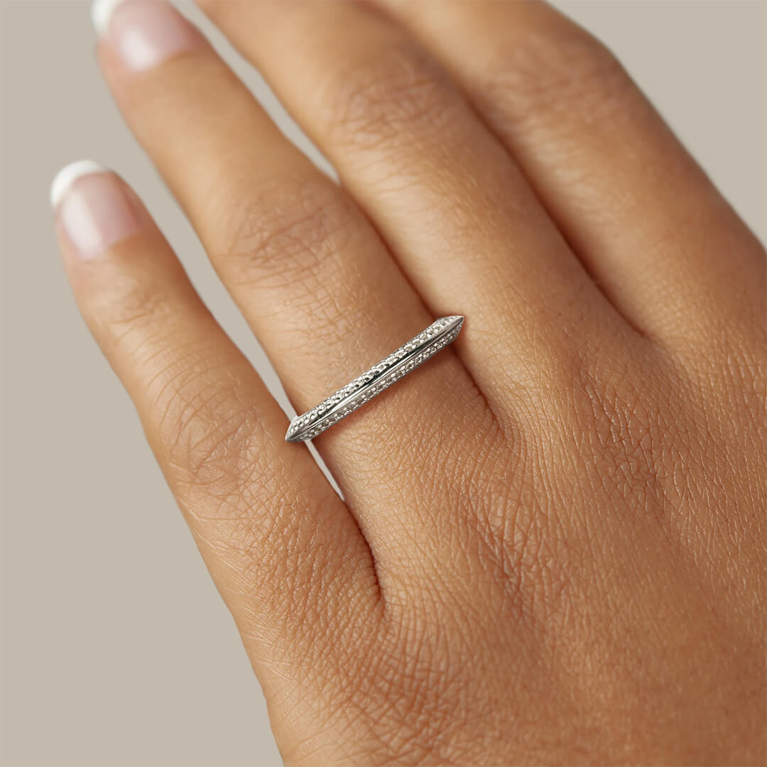 Knife Edge Accented Moissanite Pave Half Eternity Wedding Band Ring In Sterling Silver