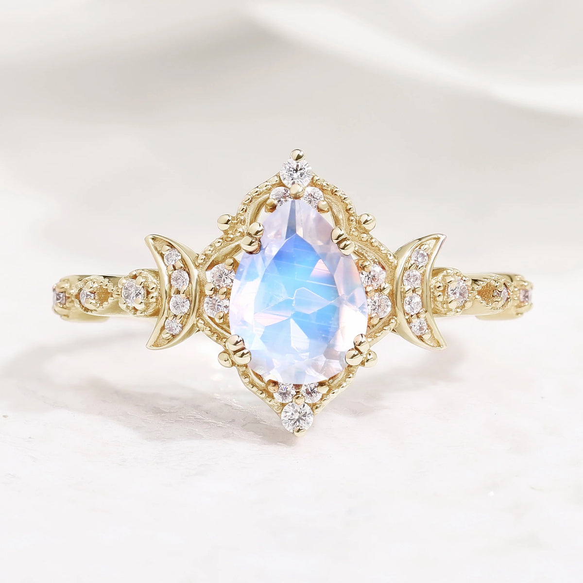 Unique Design Moon Inspired Pear Cut Moonstone Engagement Ring