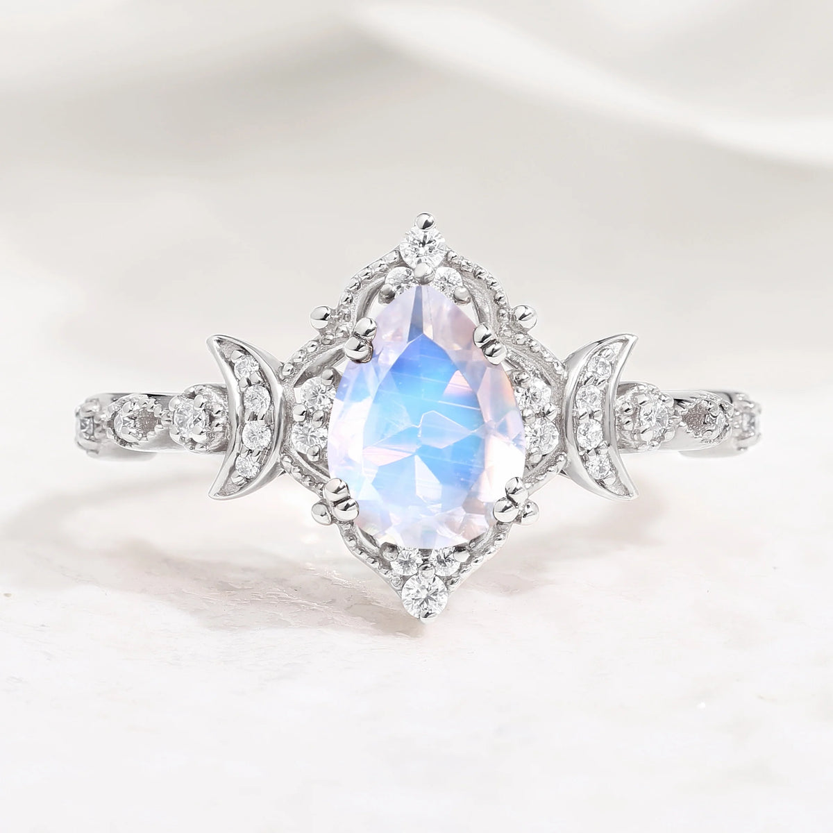 Unique Design Moon Inspired Pear Cut Moonstone Engagement Ring