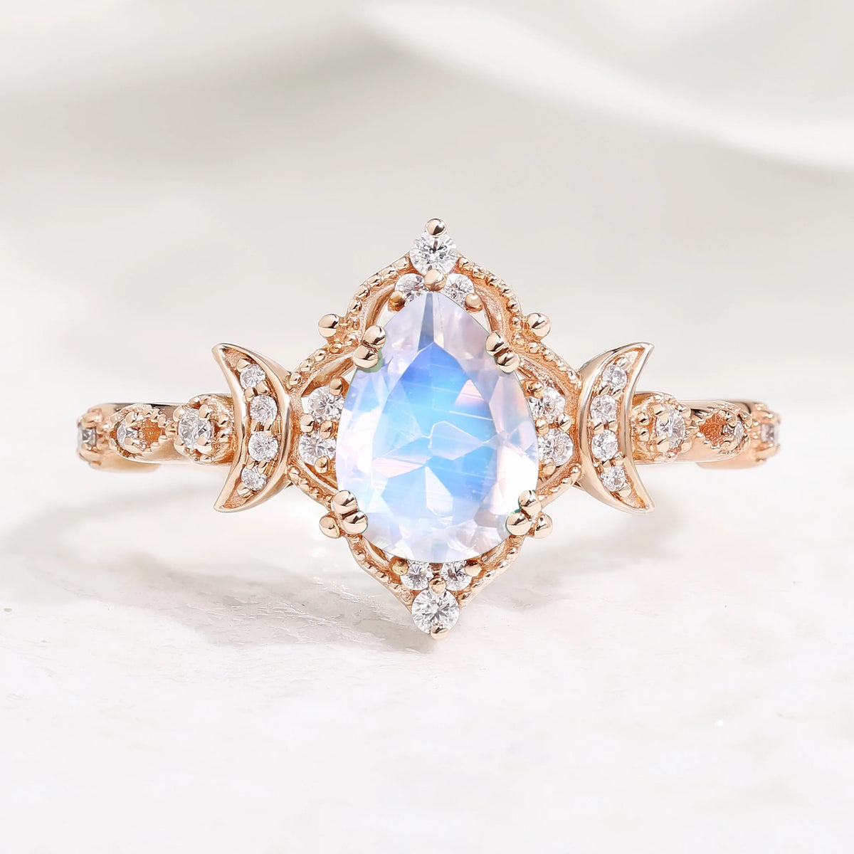 Unique Design Moon Inspired Pear Cut Moonstone Engagement Ring