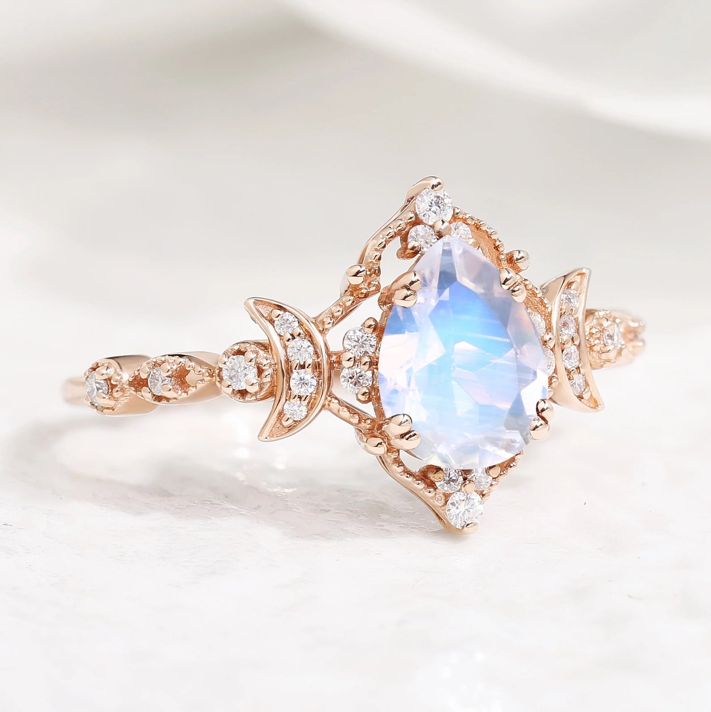 Unique Design Moon Inspired Pear Cut Moonstone Engagement Ring