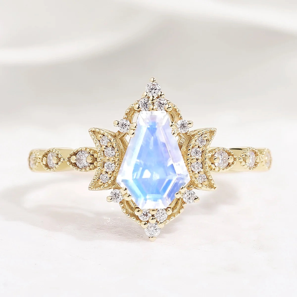 Coffin Cut Moonstone Engagement Ring Unique Moon Design Promise Wedding Ring