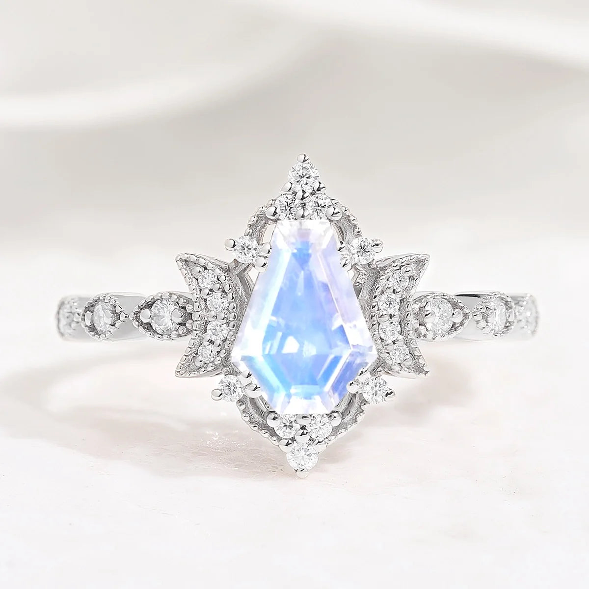 Coffin Cut Moonstone Engagement Ring Unique Moon Design Promise Wedding Ring
