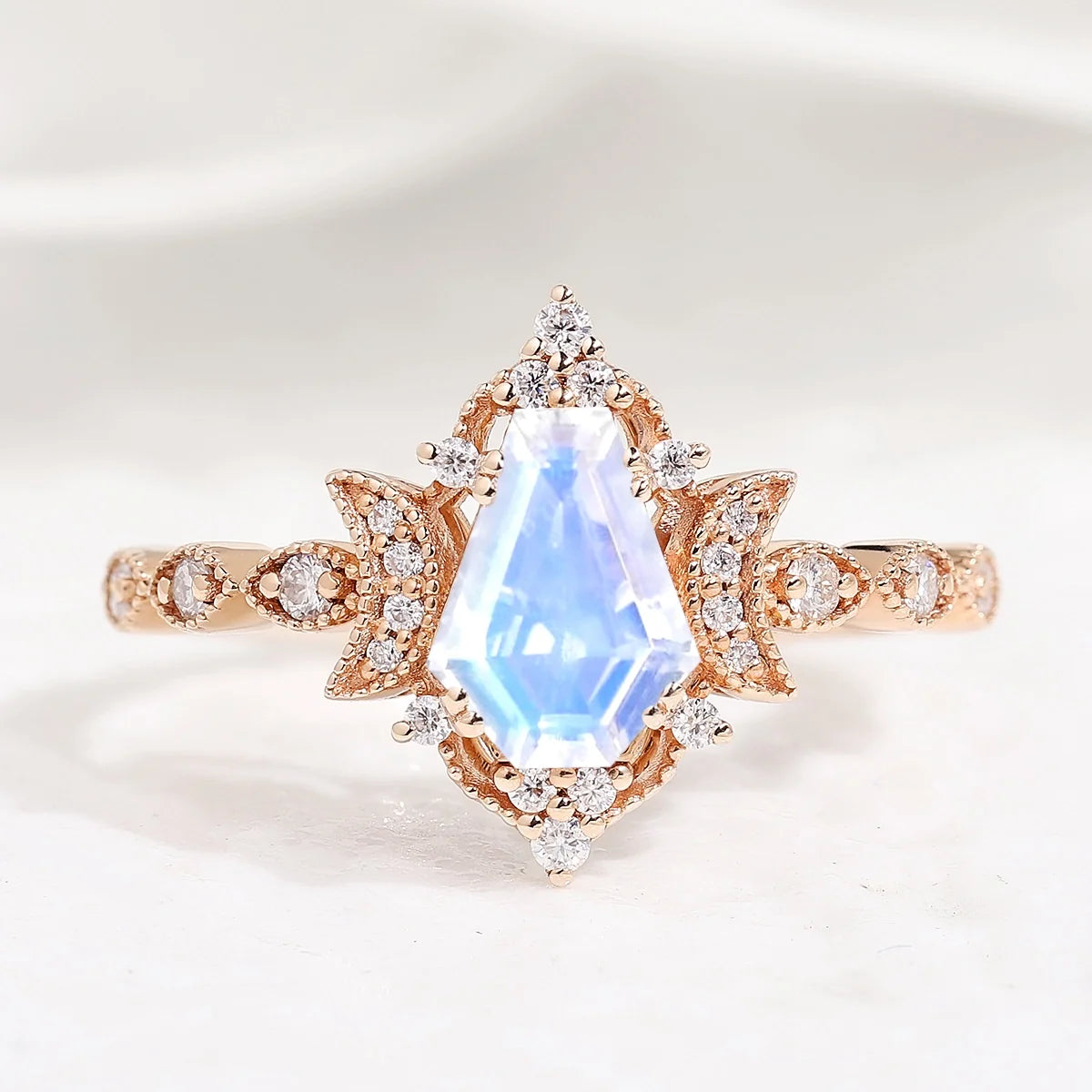 Coffin Cut Moonstone Engagement Ring Unique Moon Design Promise Wedding Ring