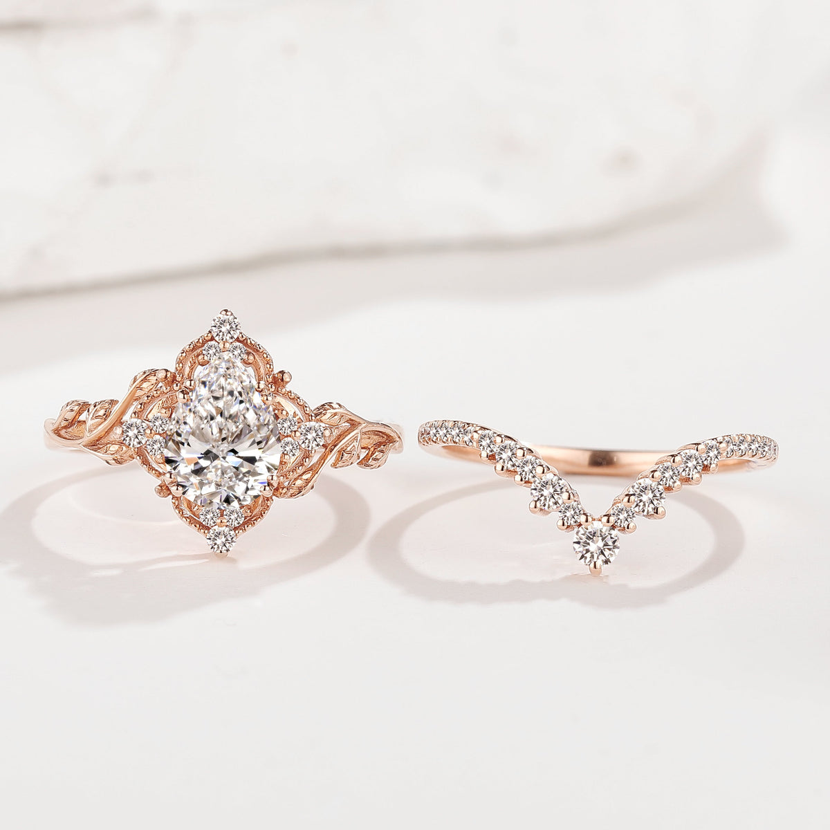 Pear Cut Lab Created Diamond Nature Inspired Leaf Engagement Ring Set 2pcs