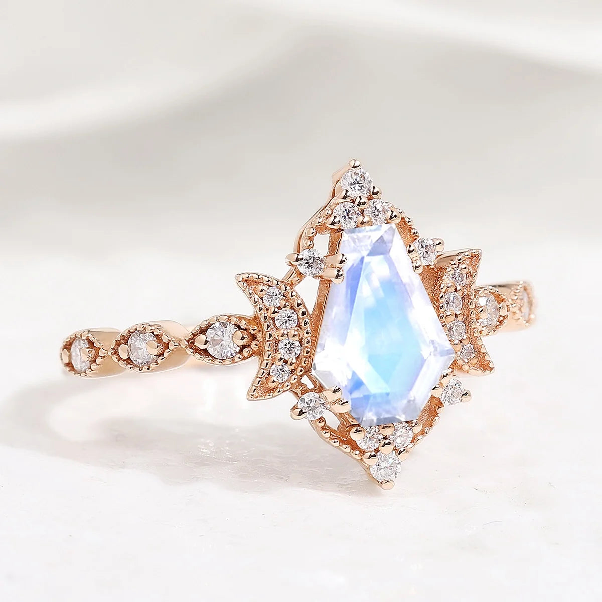 Coffin Cut Moonstone Engagement Ring Unique Moon Design Promise Wedding Ring