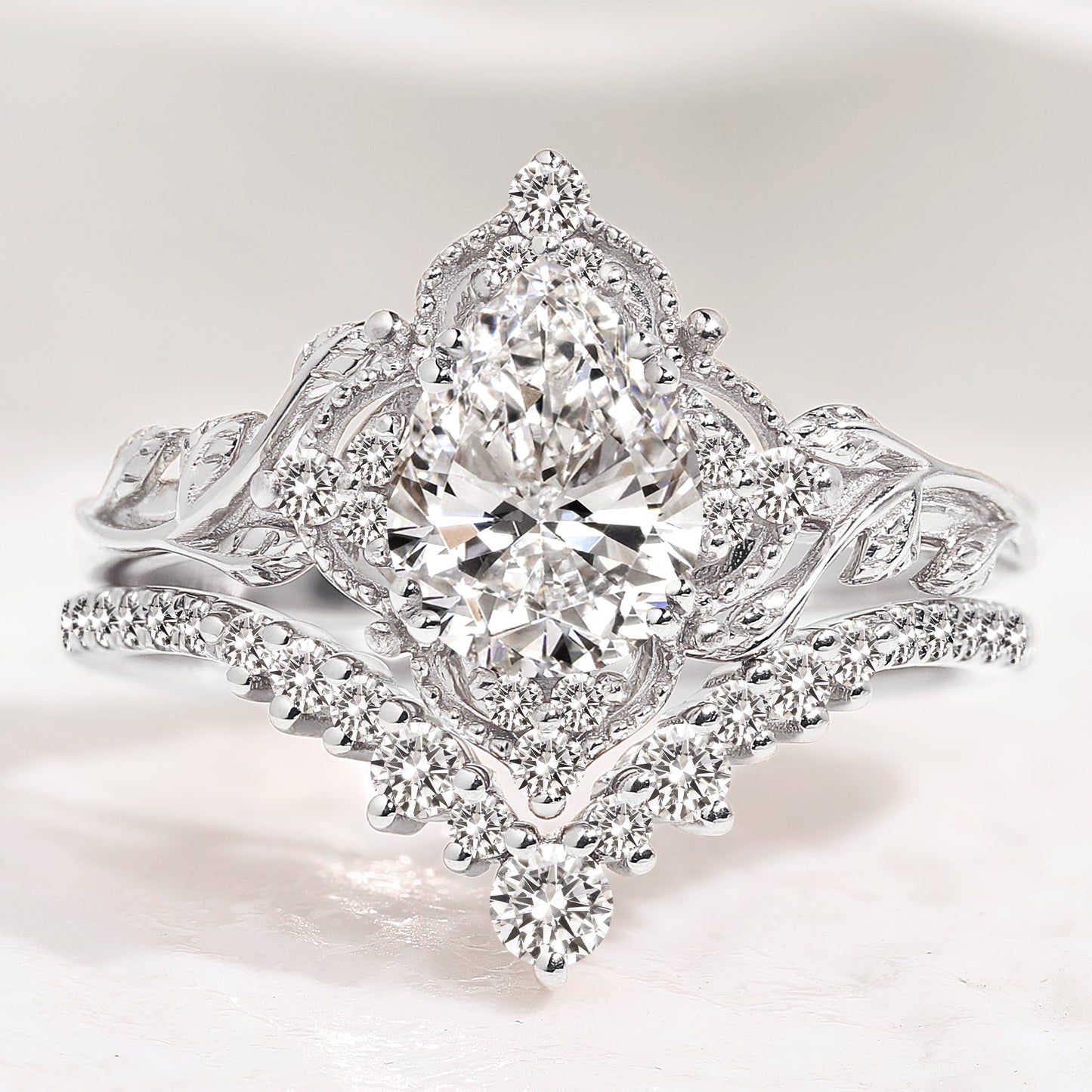 Pear Cut Lab Created Diamond Nature Inspired Leaf Engagement Ring Set 2pcs