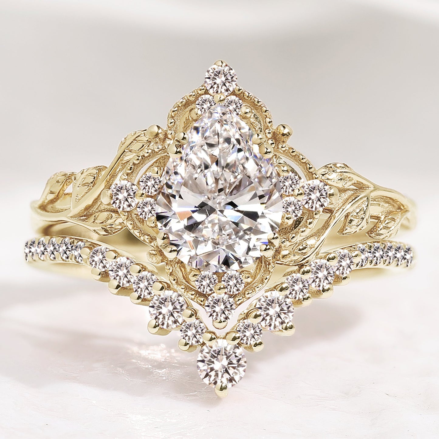 Pear Cut Lab Created Diamond Nature Inspired Leaf Engagement Ring Set 2pcs