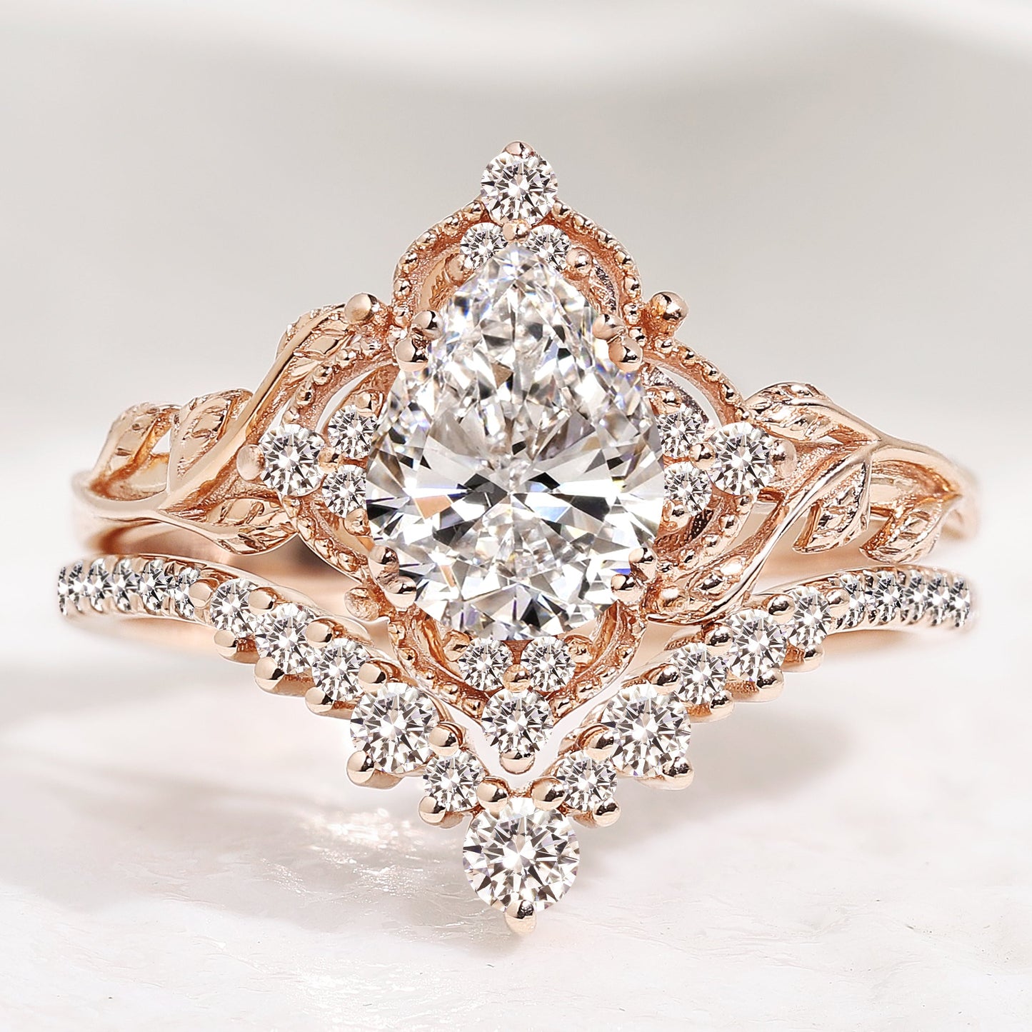 Pear Cut Lab Created Diamond Nature Inspired Leaf Engagement Ring Set 2pcs