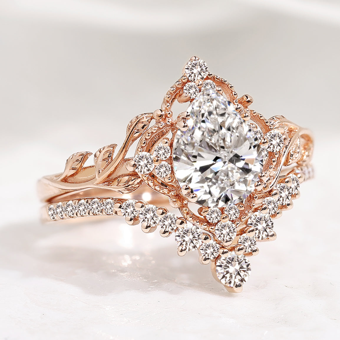 Pear Cut Lab Created Diamond Nature Inspired Leaf Engagement Ring Set 2pcs
