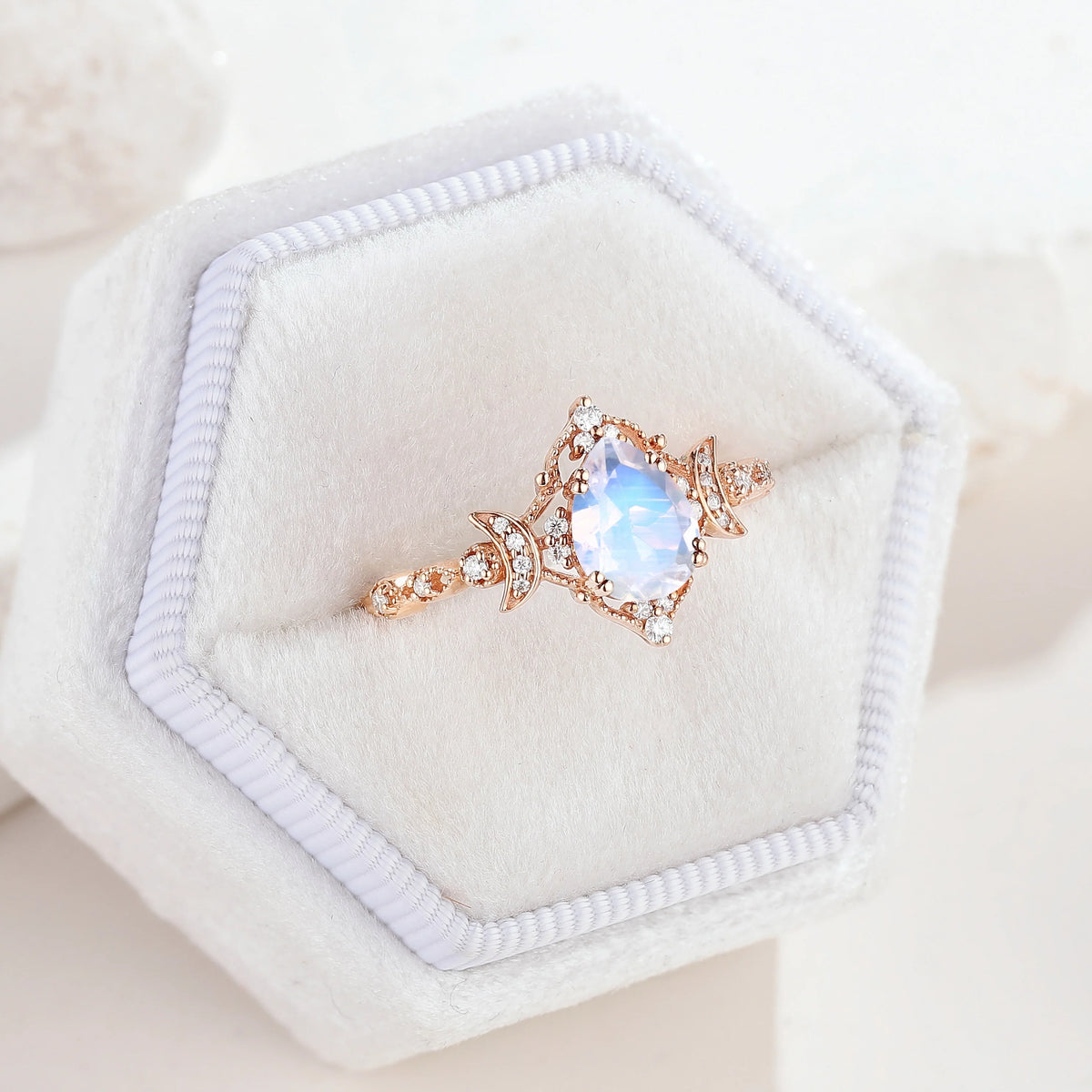 Unique Design Moon Inspired Pear Cut Moonstone Engagement Ring