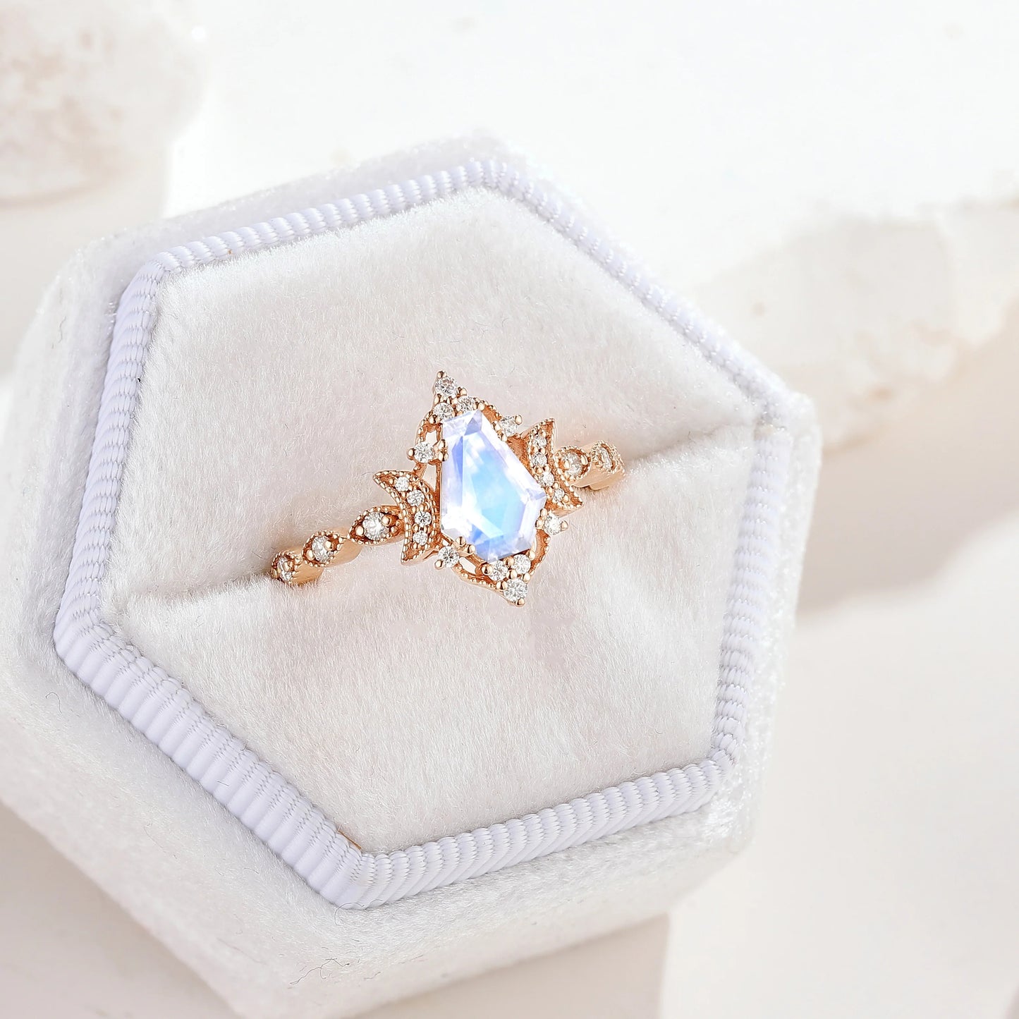 Coffin Cut Moonstone Engagement Ring Unique Moon Design Promise Wedding Ring